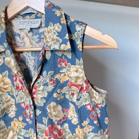Vintage Bickett & Ingrish Linen Cotton Floral Sleeveless Collared Top 6 - Picture 9 of 9